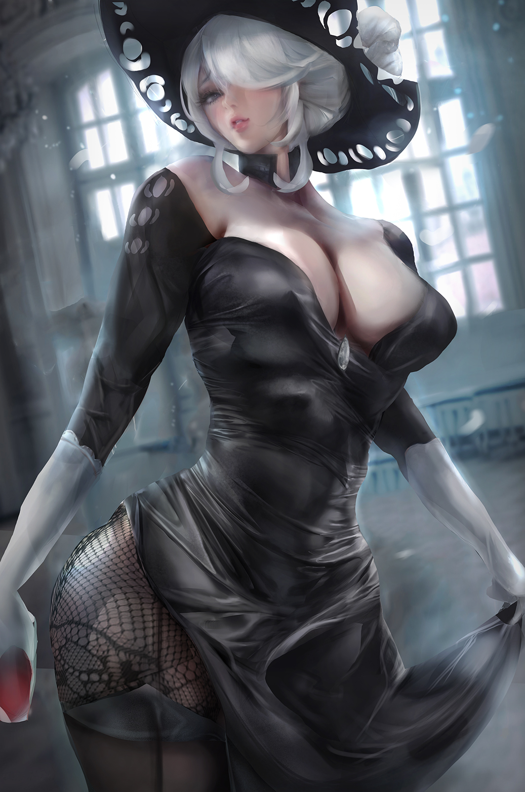 1girls, breasts, cleavage, cogita (pokemon), dress, female, female only, hair over one eye, hat, hi res, large breasts, looking at viewer, nintendo, pokemon, pokemon legends: arceus, pure eggplant, solo, white hair
