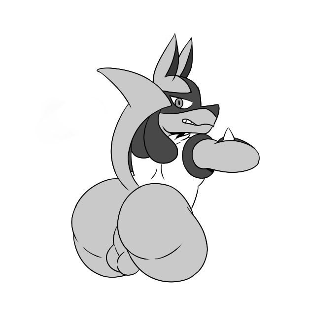 anthro ass backsack balls big_butt fur genitals looking_back lucario male monochrome nintendo nt6969 perineum pokemon pokemon_(species) rear_view simple_background solo spikes spikes_(anatomy) video_games white_background