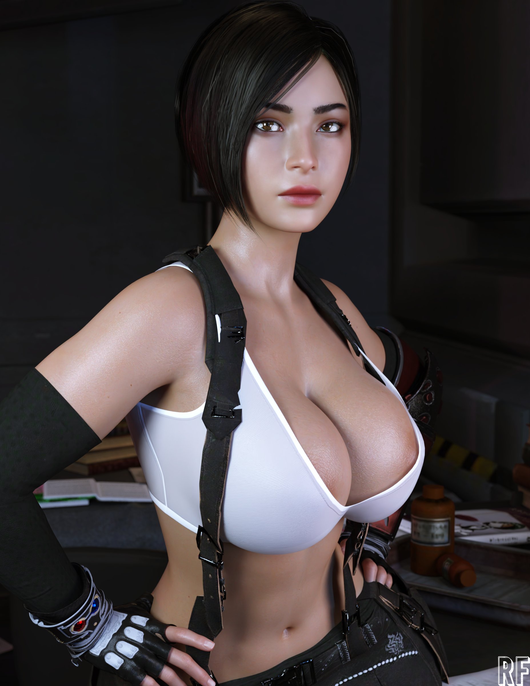 1girls, 3d, absurd res, ada wong, ada wong (adriana), black hair, breasts, brown eyes, cleavage, cosplay, female, female only, final fantasy, final fantasy vii, hi res, large breasts, resident evil, resident evil 2, resident evil 2 remake, rude frog, solo, tifa lockhart, tifa lockhart (cosplay)