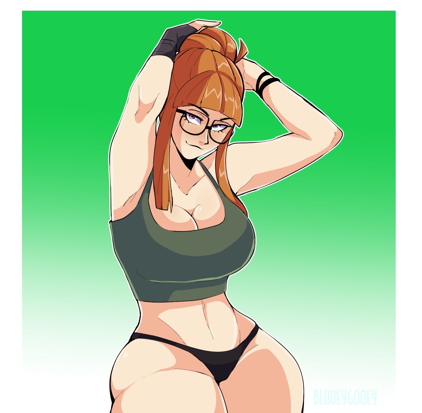 1girls, arms behind head, bare thighs, big breasts, black panties, bluueygooey, breasts, busty, cleavage, curvy, female, female only, glasses, large breasts, looking at viewer, navel, orange hair, panties, persona, persona 5, ponytail, pose, posing, sakura futaba, sensual, sexy armpits, smile, solo, tank top, thick thighs, thighs, voluptuous