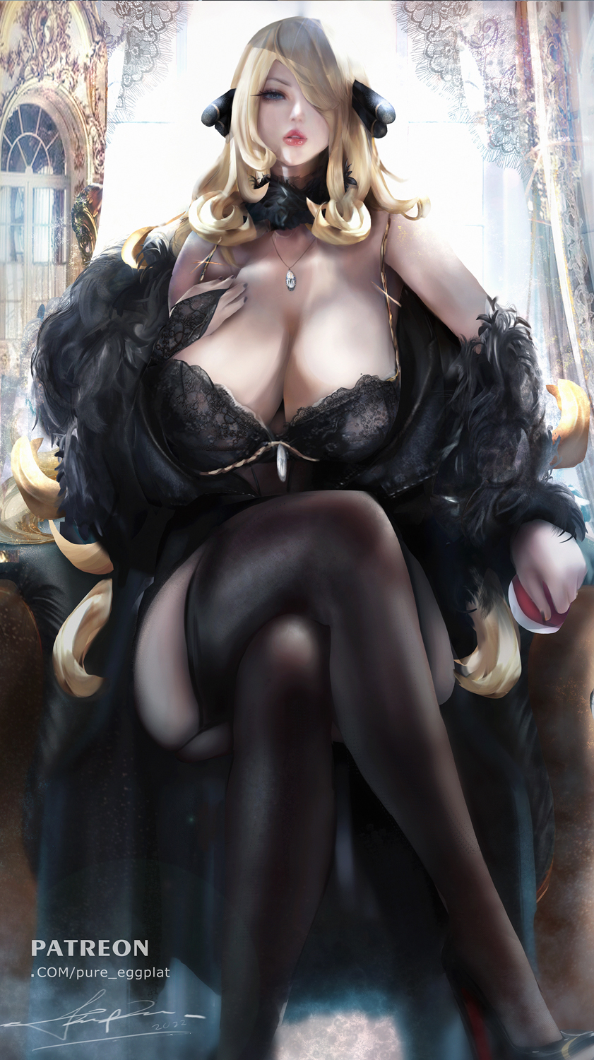 1girls, blonde hair, breast grab, breasts, cleavage, crossed legs, cynthia (pokemon), female, female only, hair over one eye, hi res, large breasts, looking at viewer, pokemon, pokemon dppt, pure eggplant, solo