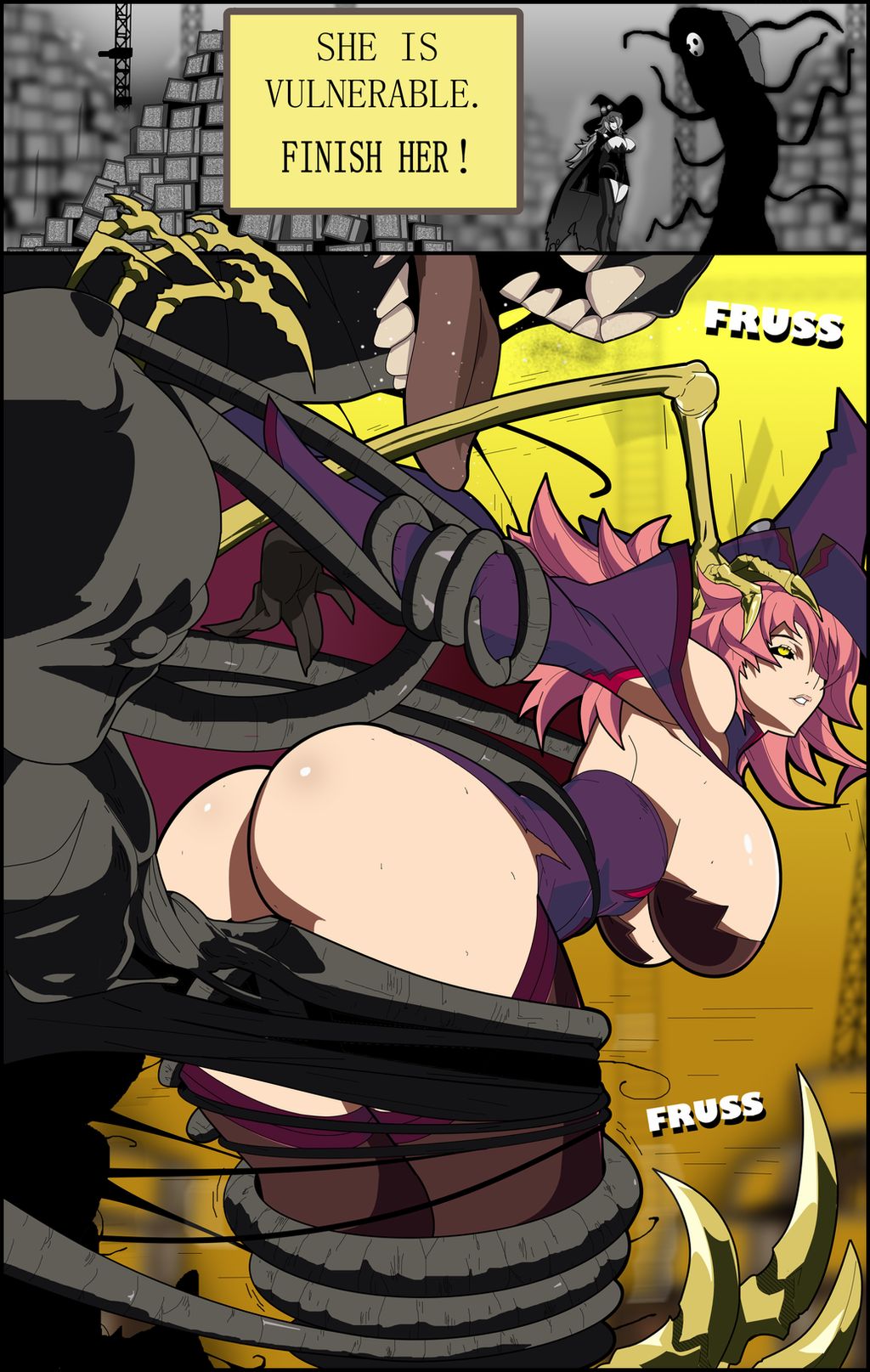 1boy arakune bent_over big_breasts big_butt black_sclera blazblue comic convenient_censoring female gray_background imminent_rape konoe_a_mercury legwear manicomio19 milf monster nine_the_phantom no_bra no_panties pink_hair restrained_by_tentacles stripped_by_tentacles tentacle tentacles_around_arms tentacles_around_legs time_stop witch witch_hat