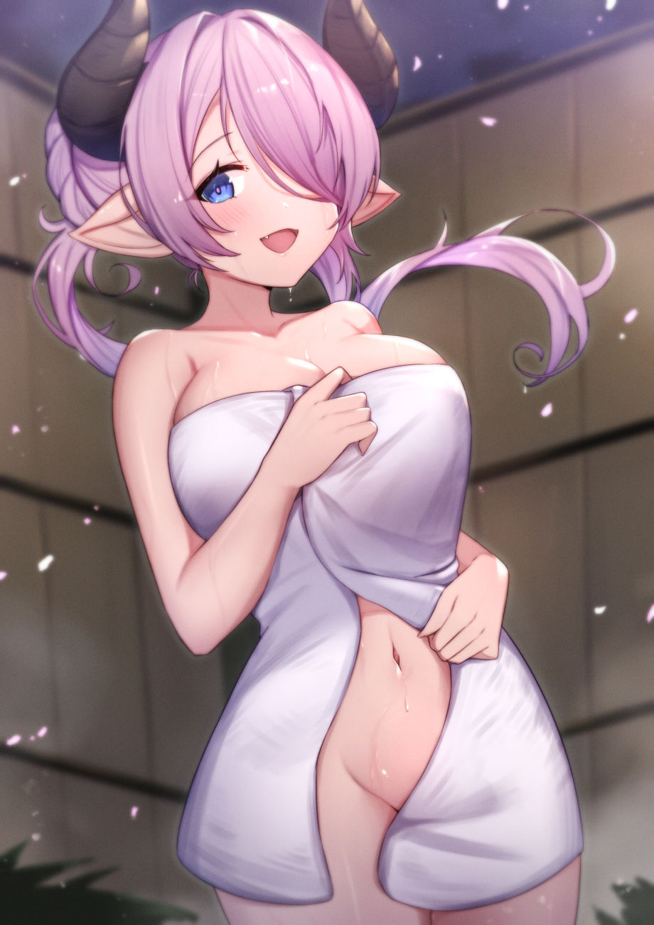 bangs bare_shoulders blue_eyes blush braid breasts cherry_blossoms cleavage commentary draph eyebrows_visible_through_hair female female granblue_fantasy hair_over_one_eye highres horns large_breasts light_purple_hair long_hair looking_at_viewer low_tied_hair narmaya_(granblue_fantasy) open_mouth pointy_ears purple_hair single_braid smile solo steam symbol-only_commentary uneg