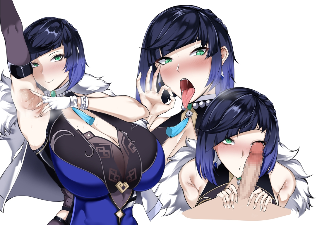 1boy, 1girls, 3koma, armpits, arms up, bangs, bare shoulders, big breasts, blowjob, blue hair, blush, bodysuit, boob window, braid, braided hair, breasts, censored, cleavage, clothing, dice, earrings, elbow gloves, fellatio, fellatio gesture, female, genshin impact, gloves, green eyes, hips, huge breasts, imminent deepthroat, imminent oral, large breasts, looking at penis, looking at viewer, male, mihoyo, mole, mole on breast, mouth open, necklace, open mouth, oral, oral insinuation, oral invitation, oral suggestive, owner (artist), penis, plain background, saliva, see-through, sexually suggestive, short hair, simple background, slim waist, small waist, sweat, tassel, throat, tight clothing, tongue, tongue out, waist, white background, wide hips, yelan (genshin impact)