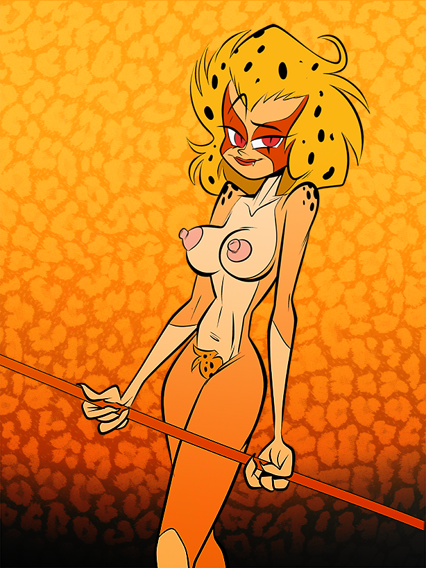 2020s 2021 bo_staff breasts cat cat_humanoid cheetah_girl cheetara feline female humanoid nipples orange_background persian_female pervert simple_background slay solo themrock thundercats weapon yellow_hair