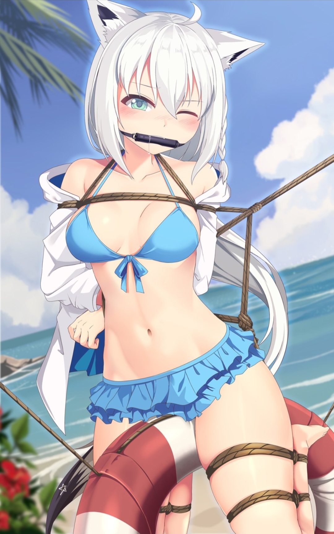 beach, bit gag, black hair, blue bikini, blue hair, bondage, clouds, female, gag, gagged, hololive, hololive gamers, hololive gen 1, hololive japan, jacket, one eye closed, shirakami fubuki, tail, tied up, virtual youtuber, white hair