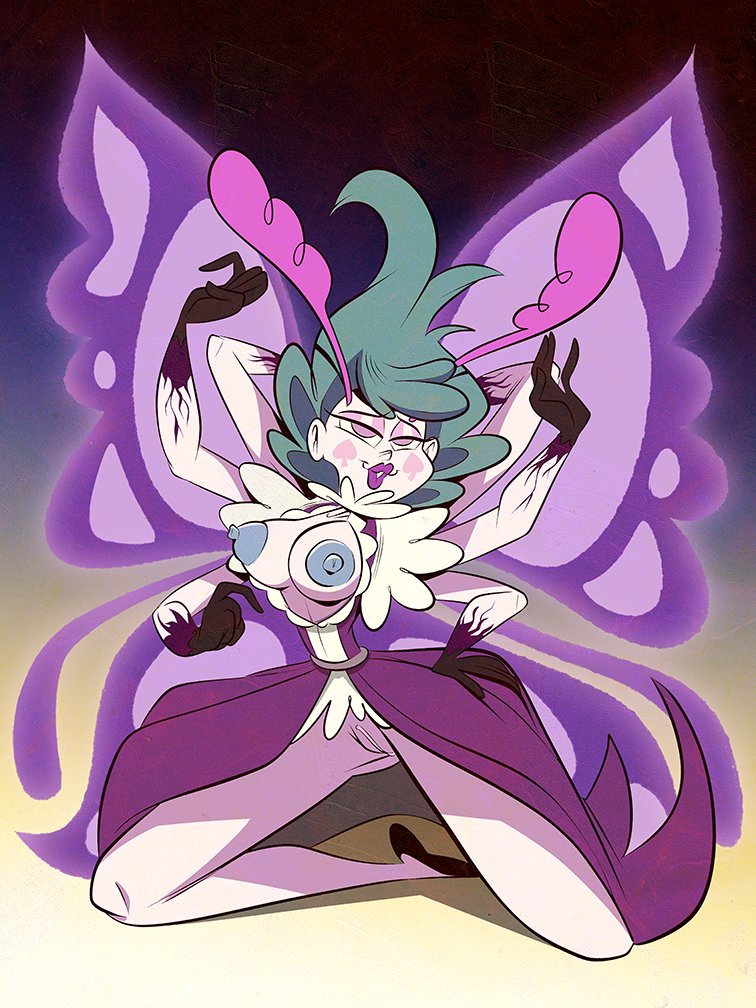 antennae aquamarine_hair bare_breasts bare_legs black_hands blue_nipples breasts breasts_out butterfly butterfly_wings cheek_markings corruption dress eclipsa_butterfly eyeshadow female green_blue_hair legs_apart multi_arm multi_limb nipples no_bra no_panties purple_veins solo star_vs_the_forces_of_evil tail_coat themrock visible_pussy wings