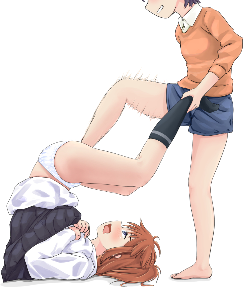 2girls barefoot black_legwear blue_eyes blush brown_hair clothing commentary faceless faceless_female feet female_footjob footjob grin highres koshigaya_natsumi medium_hair miyauchi_hikage motion_lines multiple_girls no_shoes non_non_biyori open_mouth orange_shirt panties purple_hair shirt short_hair shorts simple_background skirt smile socks stepped_on torogao underwear wavy_mouth white_background white_panties yuri