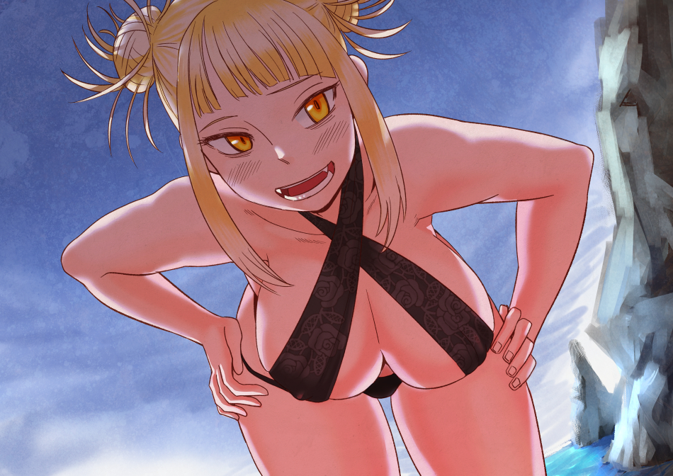 1girls, beach, bikini, bikini top, black bikini, blonde female, blonde hair, blonde-haired female, blush, bottomwear, breasts, fangs, female, female only, hands on hips, himiko toga, lemonbizate (artist), looking at viewer, my hero academia, open mouth, smile, solo, solo female, thighs, topwear, yellow eyes
