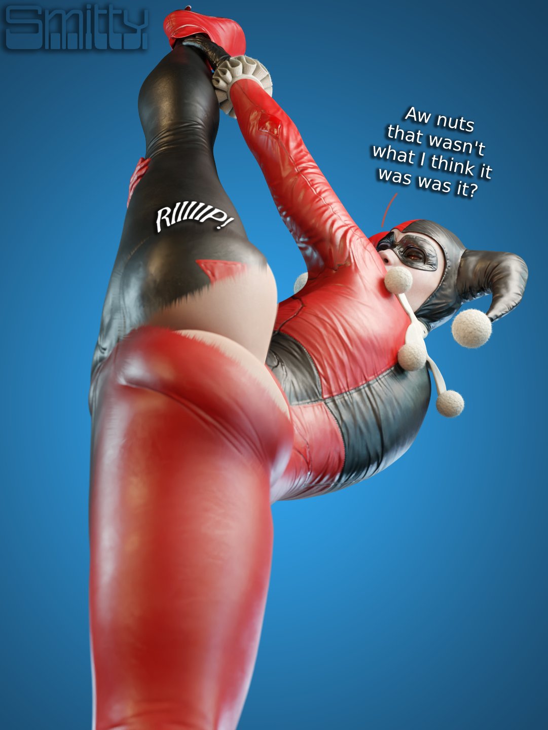 1girls, 3d, 3d (artwork), ass, batman (series), big ass, bodysuit, cameltoe, dc, dc comics, dialogue, english text, exposed ass, female, female only, harley quinn, harley quinn (classic), harley quinn (injustice), injustice 2, large ass, lifting leg, light skin, light-skinned female, pale skin, pale-skinned female, pussy, ripped bodysuit, ripped clothing, simple background, smitty34, solo, solo female, splits, tagme, vertical splits