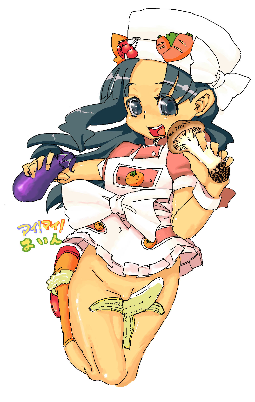 apron banana boots carrot chef_hat cherry cook cooking_idol_ai!_mai!_main! eggplant female food food_play grey_hair long_hair mine_hiragi mushroom n@o no_panties open_mouth orange sexually_suggestive solo tongue_out