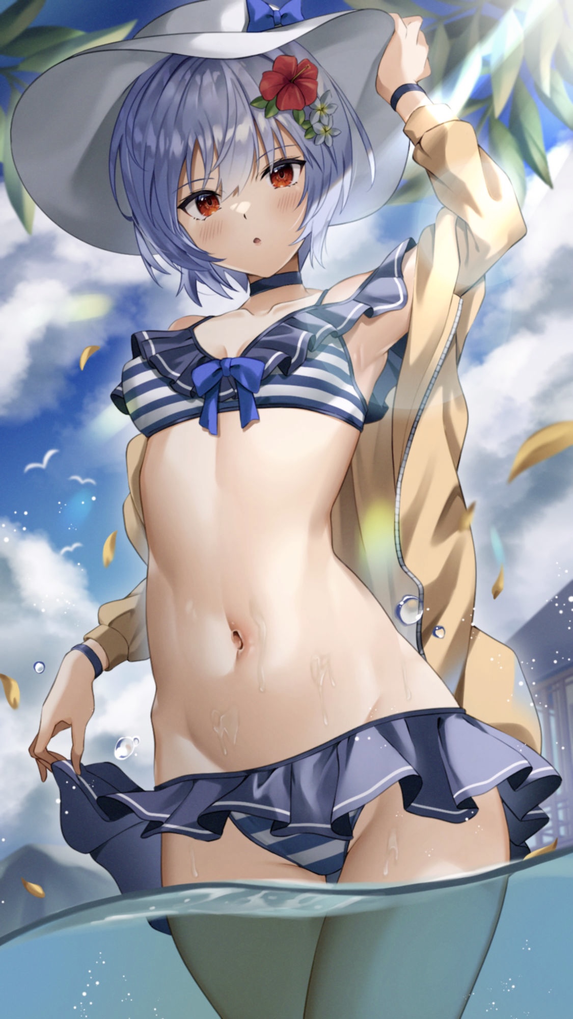 bikini, blue hair, blush, breasts, clothing, female, flower, hat, hips, looking at viewer, neon genesis evangelion, red eyes, rei ayanami, short hair, small breasts, solo, solo female, swimsuit, thighs, water, wet