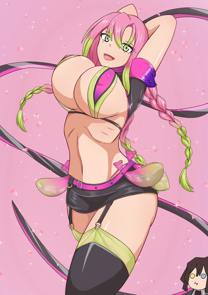 1girls, alternate costume, arms up, big breasts, bikini, bikini top, black legwear, black thighhighs, braided hair, braids, breasts, condom belt, cosplay, demon slayer, fate (series), fate/grand order, female, female focus, filled condom, florence nightingale (fate) (cosplay), florence nightingale (trick or treatment) (fate) (cosplay), garter straps, green eyes, huge breasts, iguro obanai, kanroji mitsuri, kimetsu no yaiba, long hair, looking at viewer, matou666, microskirt, miniskirt, mole under eye, pink background, pink hair, pink-haired female, smile, solo focus, stockings, thick thighs, thighhighs, two-tone hair, used condom