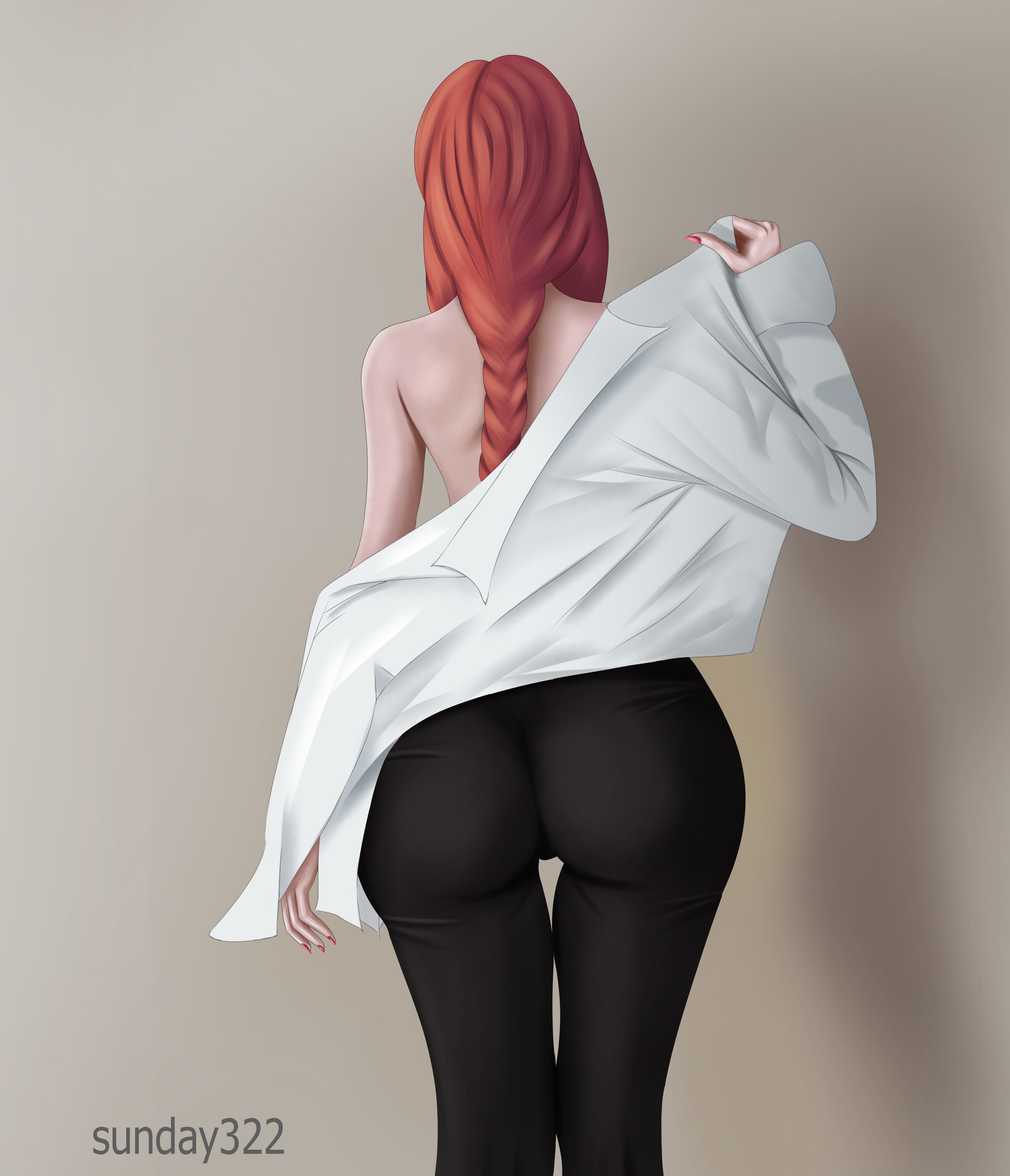 1girls, alternate version available, ass, ass focus, back, back view, big ass, black pants, bottomwear, braid, chainsaw man, clothing, female, female only, hips, huge ass, makima (chainsaw man), pants, red hair, red nails, solo, solo female, sunday322, thick thighs, thighs, undressing, white shirt
