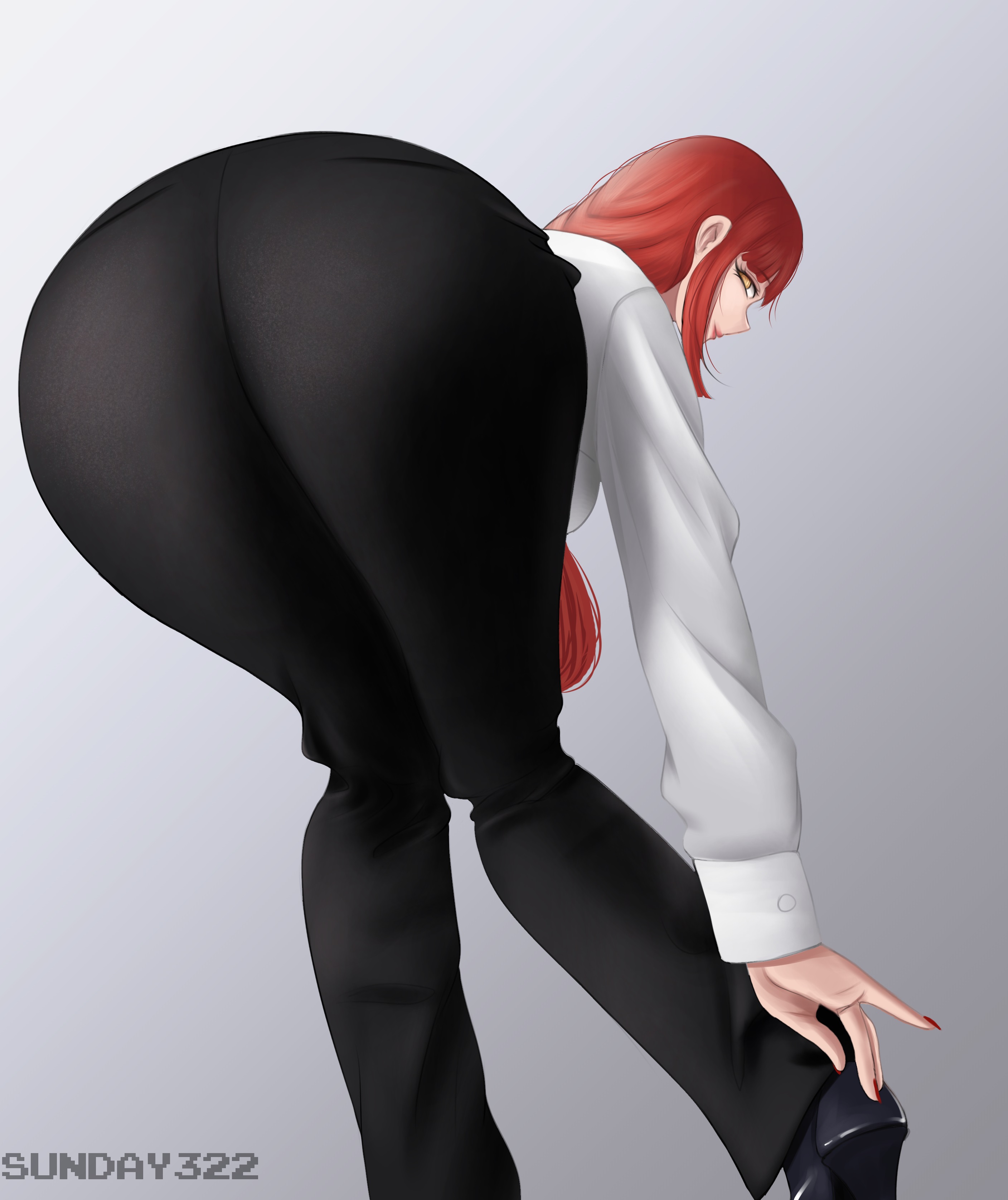 1girls, ass, ass focus, ass up, bent over, big ass, breasts, chainsaw man, clothing, female, female only, high heels, huge ass, lips, long hair, looking at viewer, looking back, makima (chainsaw man), pants, red hair, red nails, smile, solo, solo focus, sunday322, thick ass, tight pants, white shirt, yellow eyes