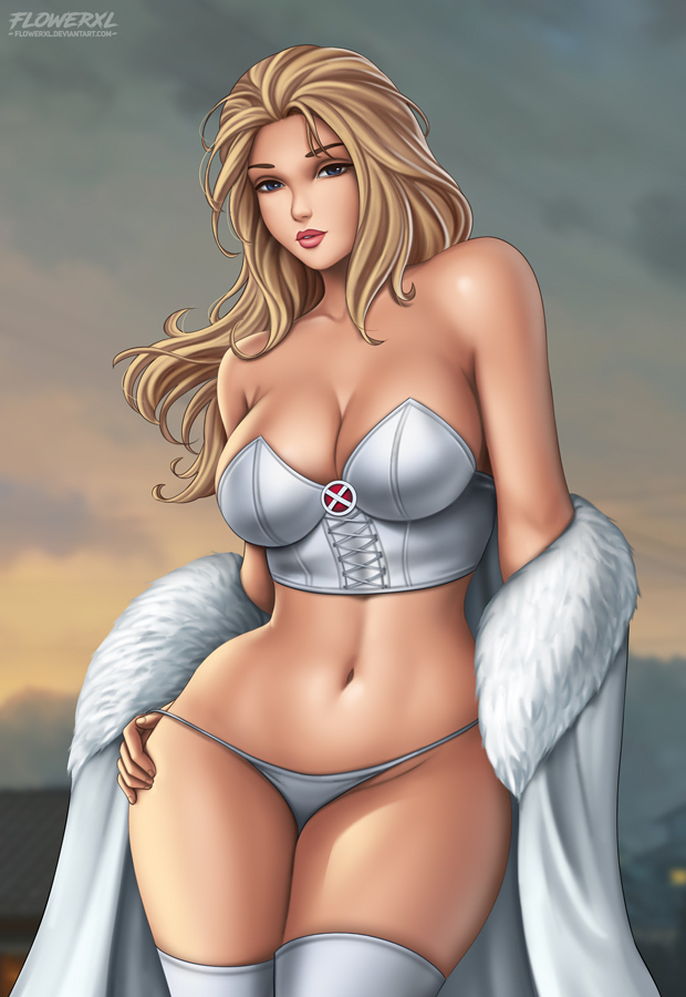 1girls, alternate version available, artist logo, big breasts, black eyebrows, blonde female, blonde hair, blue eyes, breasts, cleavage, coat, comic book character, detailed background, emma frost, female, female only, flowerxl, hand on thigh, high heel boots, large breasts, light skin, light-skinned female, long hair, marvel, marvel comics, pale skin, pale-skinned female, pink lipstick, revealing clothes, solo, thighs, white high heels, white panties, white queen, white topwear, widescreen, x-men