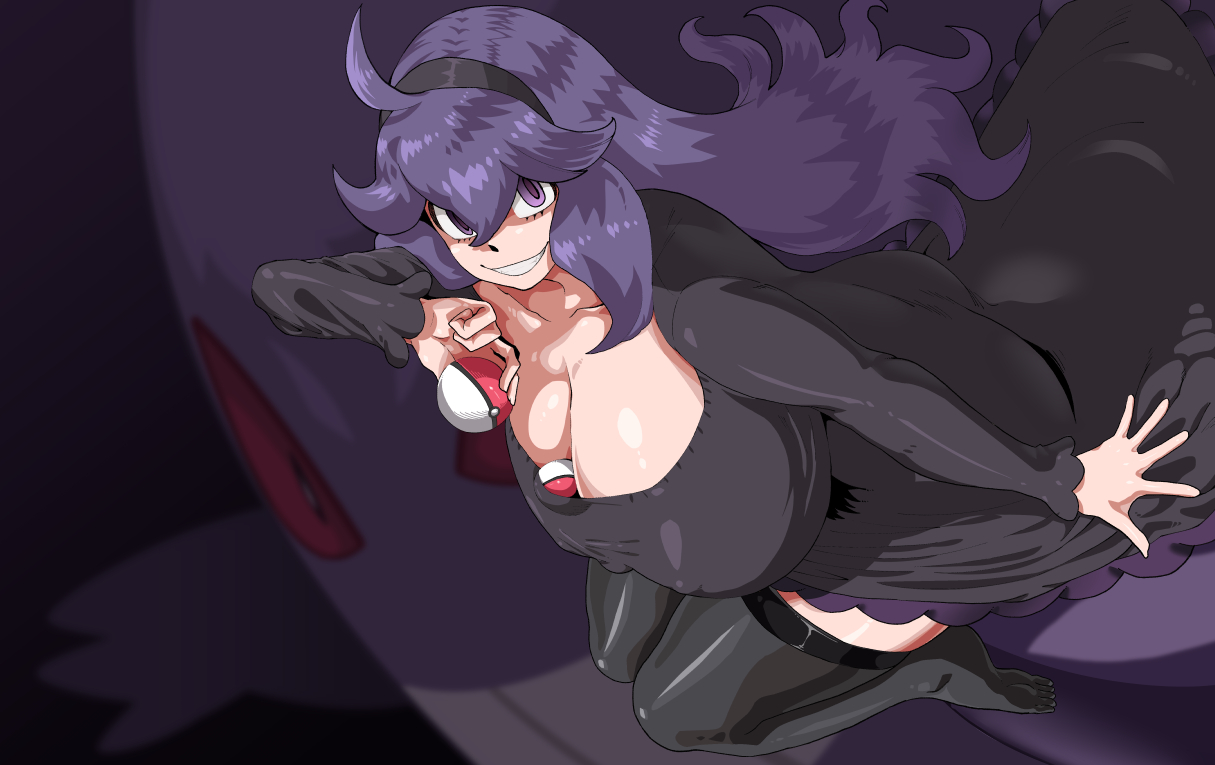 1girls, ass, big breasts, breasts, dress, feet, female, female only, game freak, gengar, hex maniac, holding, holding object, huge breasts, human, lemonbizate (artist), long hair, long sleeves, mature, mature female, nintendo, nipple bulge, pokemon, pokemon (species), pokemon xy, purple eyes, purple hair, smile, thick thighs, thighhighs, thighs