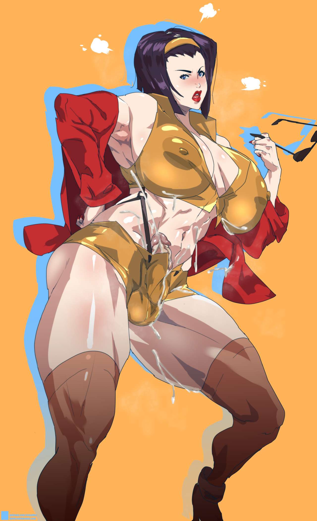 1futa balls big_breasts big_penis breasts clothed clothing cowboy_bebop cum cum_on_breasts ejaculation eraanthe erection faye_valentine futa_only futanari hairband hands-free handsfree_ejaculation human large_breasts light-skinned_futanari light_skin mostly_nude nipples paid_reward penis purple_hair short_hair solo standing uncensored