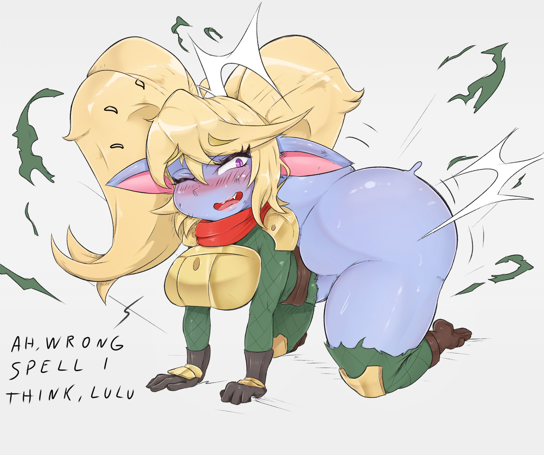 all fours, ass, ass expansion, blush, bottomless, butt expansion, clothed, clothing, dialogue, expansion, female, female only, huge ass, jouljehart, league of legends, partially clothed, poppy, shortstack, solo, tagme, text, thick thighs, wide hips, yordle