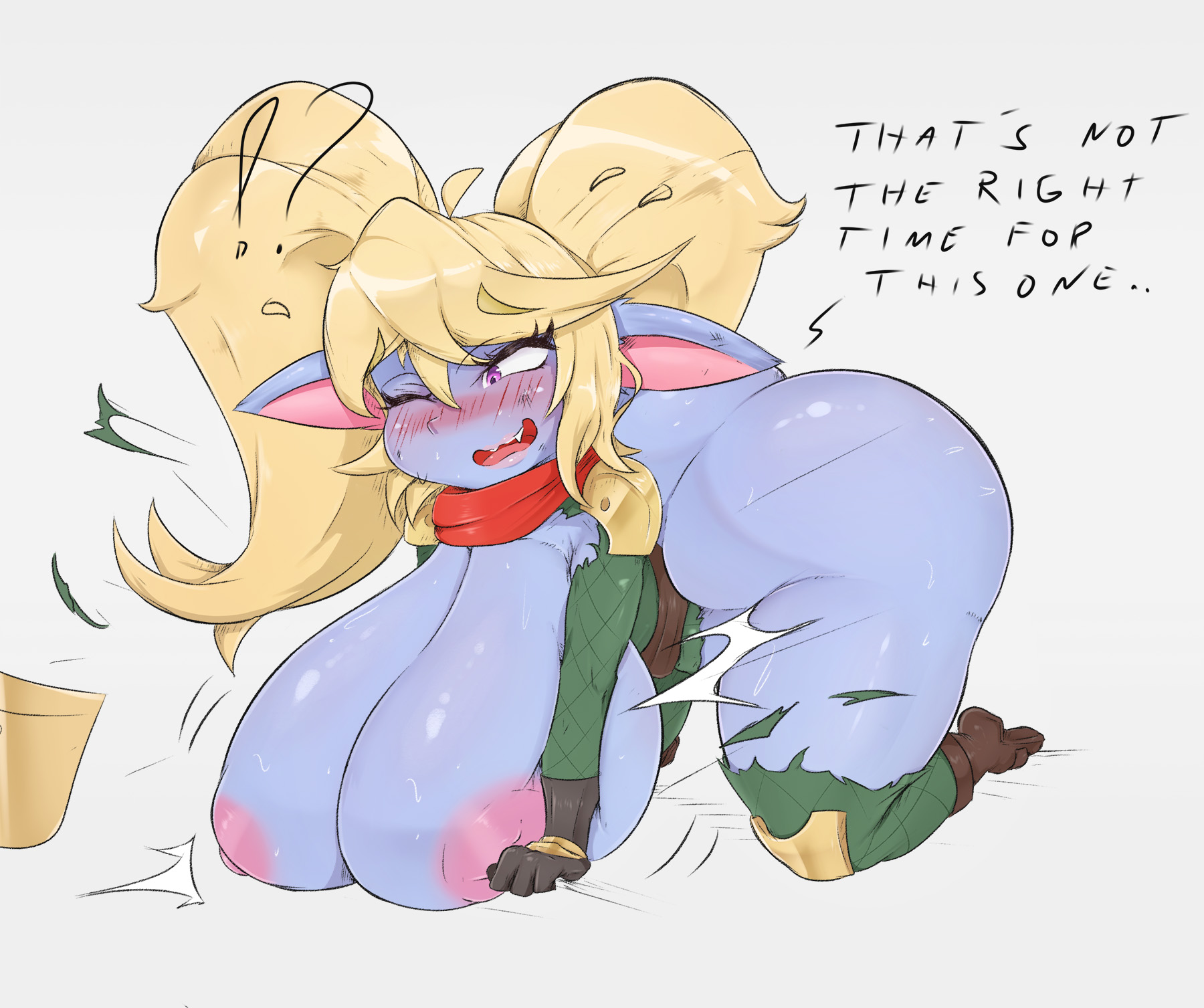 1girls, all fours, ass, blush, breast expansion, breast growth, breast growth (enlargement), breasts, clothing, dialogue, expansion, female, female only, huge ass, huge breasts, humanoid, jouljehart, league of legends, nude, poppy, shortstack, solo, solo female, tagme, text, thick thighs, wide hips, yordle