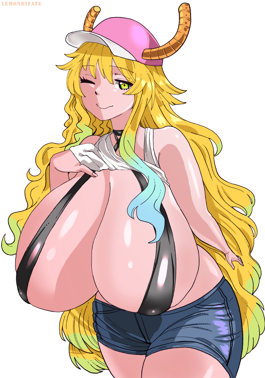 1girls, big breasts, bikini top, breasts, female, female only, green eyes, hat, huge breasts, large breasts, lemonbizate (artist), long hair, looking at viewer, mature, mature female, miss kobayashi's dragon maid, quetzalcoatl (dragon maid), shirt, shirt lift, shorts, solo, solo female, thick thighs, thighs, two-tone fur, wink, winking