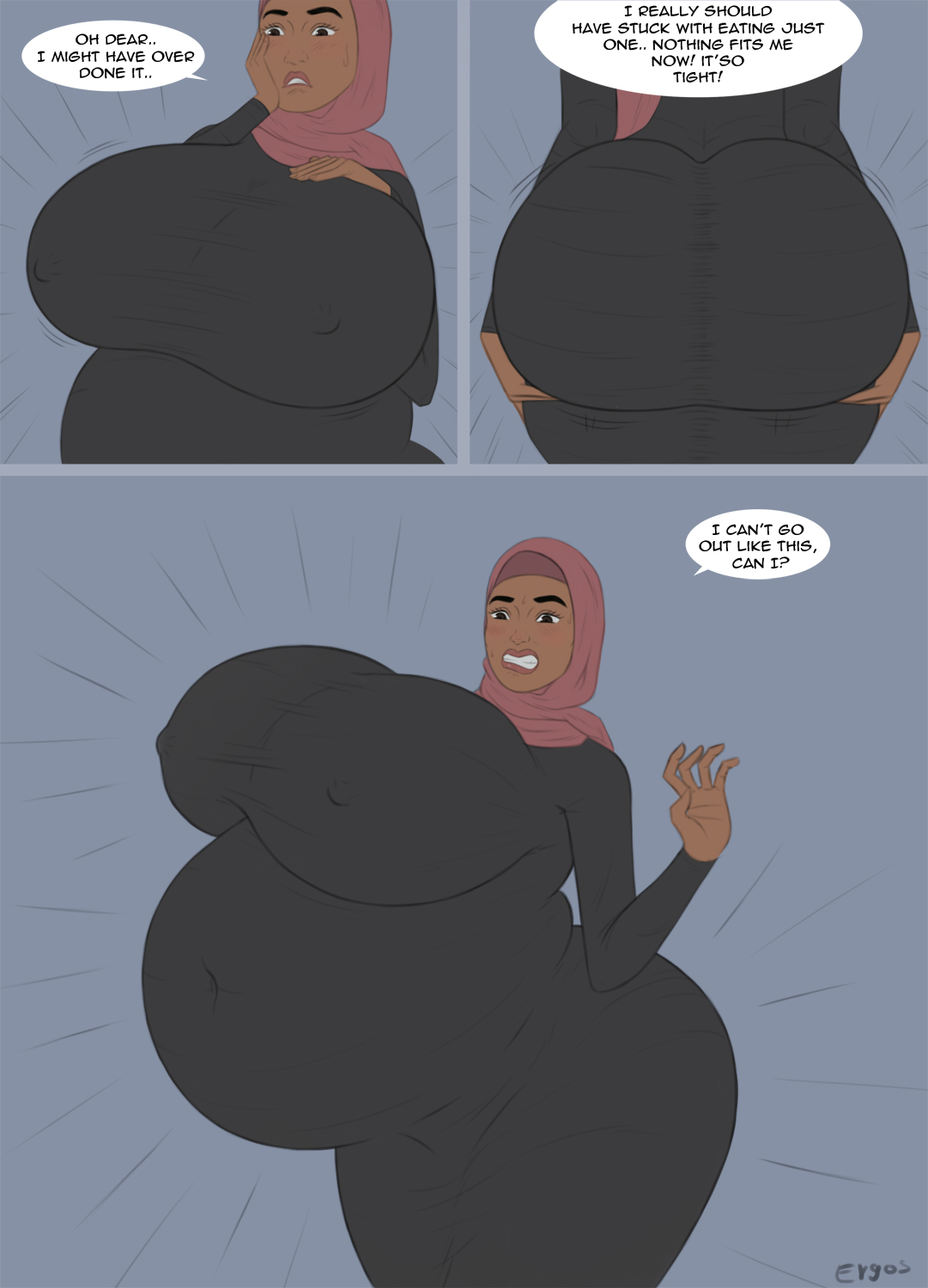 1girls, after vore, ass, belly, big ass, big belly, big breasts, blush, breasts, bubble ass, bubble butt, comic, dark skin, dark-skinned female, dialogue, english text, enormous ass, enormous breasts, ergos, female, female only, hand on breast, hijab, holding ass, huge ass, huge belly, huge breasts, implied vore, middle eastern, middle eastern female, muslim, nipple bulge, overweight, overweight female, post-vore, simple background, skintight, solo female, speech bubble, sweat, sweatdrop, text, thick thighs, weight gain, wide hips