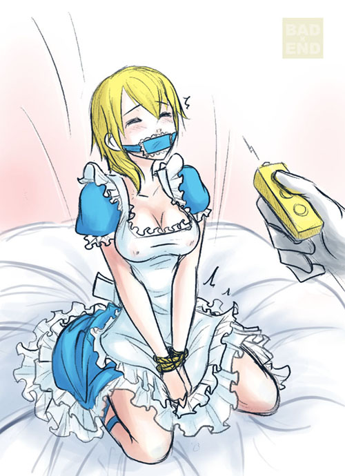 alice_in_wonderland alice_in_wonderland_(1951_film) alice_liddell_(cosplay) apron badxend blonde_hair bondage breasts cleavage closed_eyes cosplay disney dress gag gagged impossible_clothes impossible_clothing kingdom_hearts kingdom_hearts_ii kneeling namine nipples public_domain remote remote_control_vibrator square_enix tied tight_clothes trembling