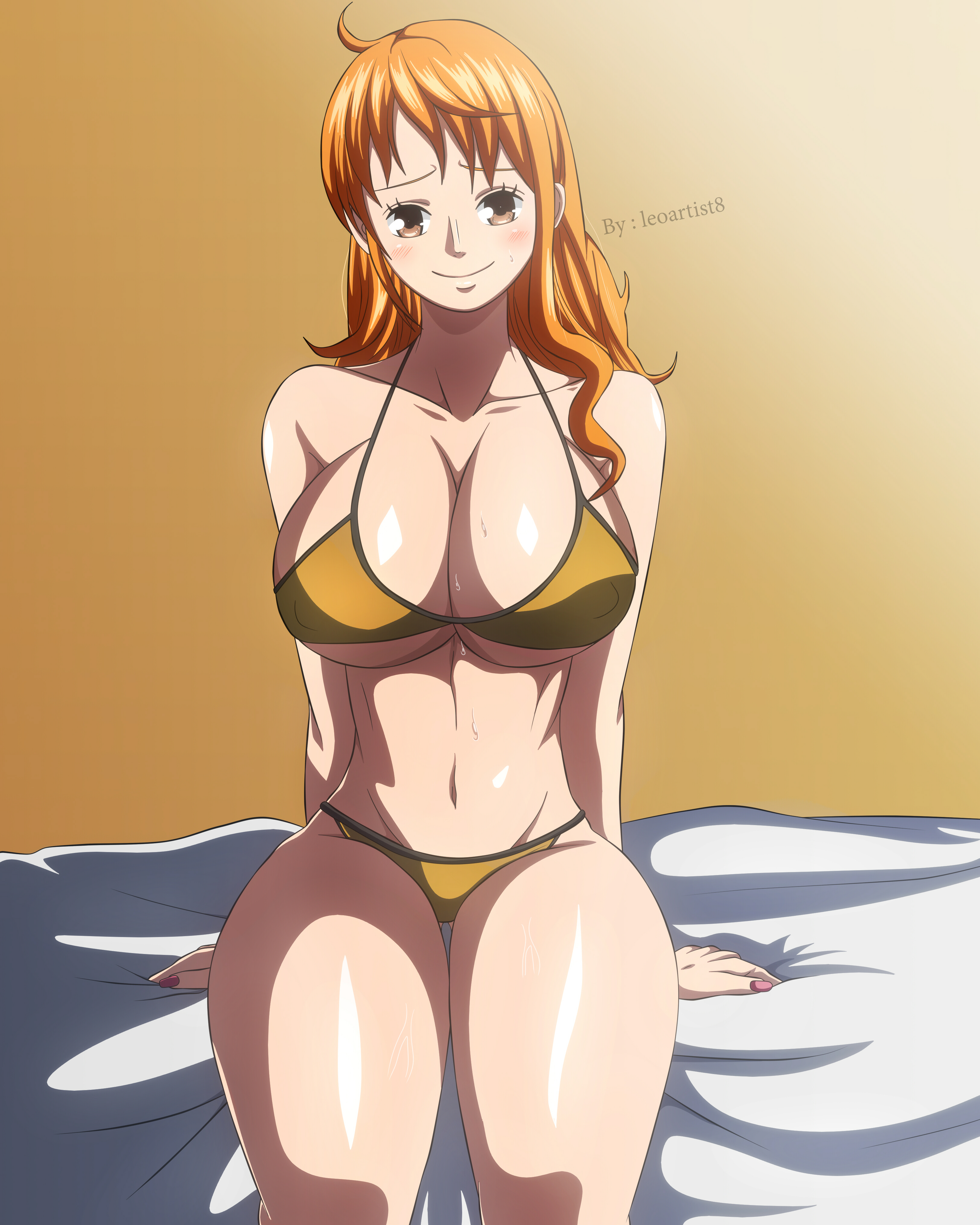 1girls, bed, big breasts, bikini, blush, breasts, brown eyes, cleavage, curvy, female, female only, huge breasts, leoartist8, long hair, looking at viewer, nami (one piece), one piece, orange hair, orange-haired female, partially clothed, shiny skin, sitting, sitting on bed, slim waist, smile, solo, thick thighs, toned, voluptuous