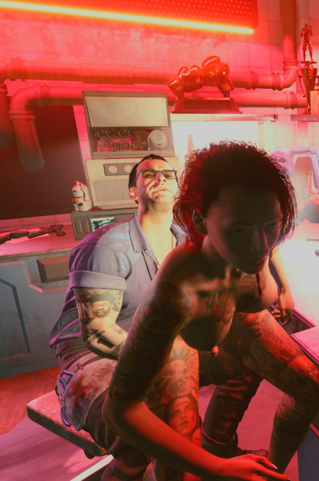 1boy 1girls cgi cyberpunk_2077 female futanari intersex male male_on_futa tattoos v_(cyberpunk_2077) valerie_(cyberpunk_2077)