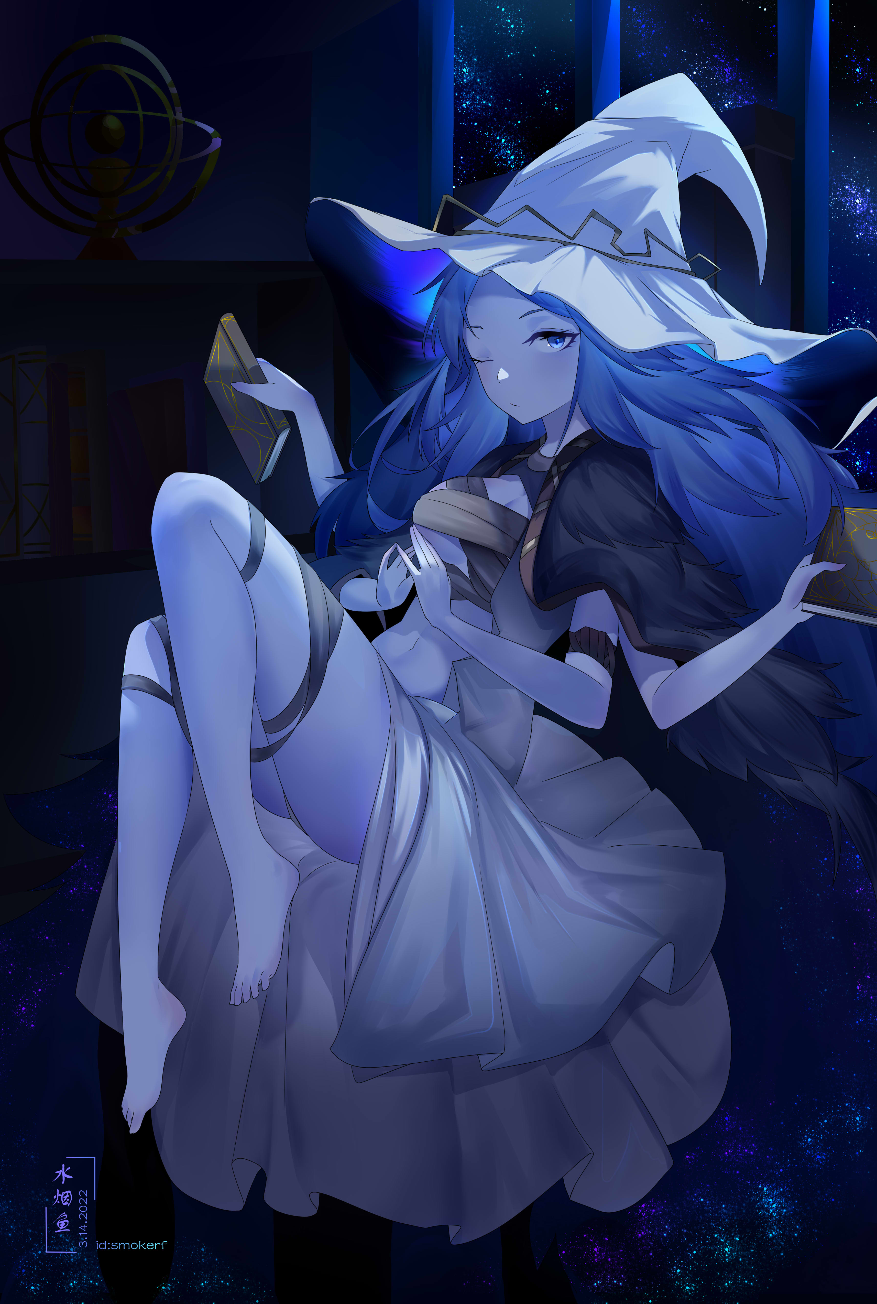 1girls, 2022, 2d, ass, blue skin, cleavage, elden ring, female, female only, fromsoftware, legs, legs up, ranni the witch, smoker fish, solo, thighs