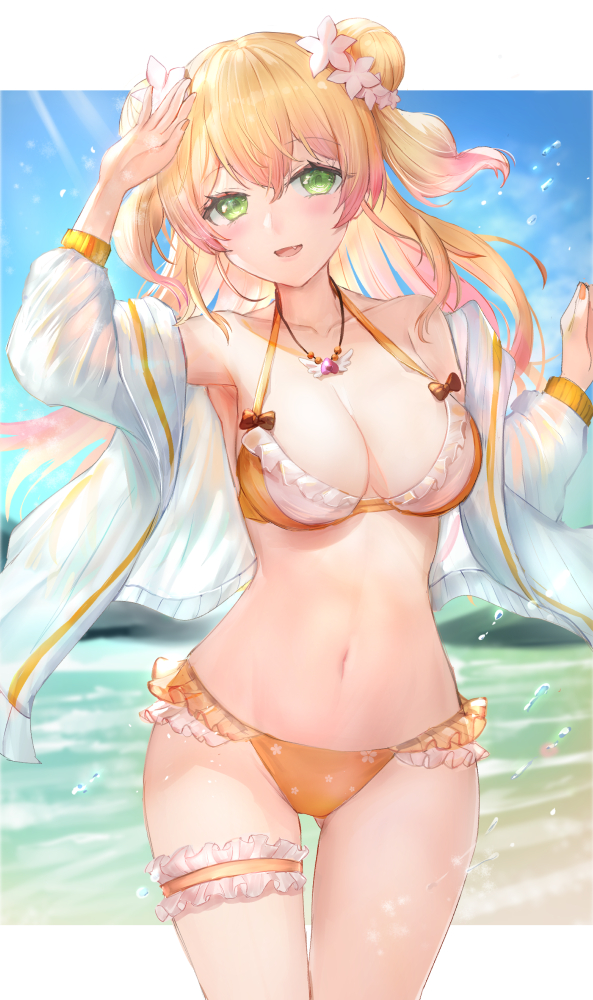 1girls 2d 2d_(artwork) atai_(artist) big_breasts bikini bikini_bottom bikini_top blonde_hair cleavage cute_fang eyebrows_visible_through_hair fang female female_focus female_only fit_female green_eyes hair_bun hololive hololive_gen_5 hololive_japan momosuzu_nene necklace ocean pink_hair sea solo solo_female solo_focus swimsuit toned_female virtual_youtuber