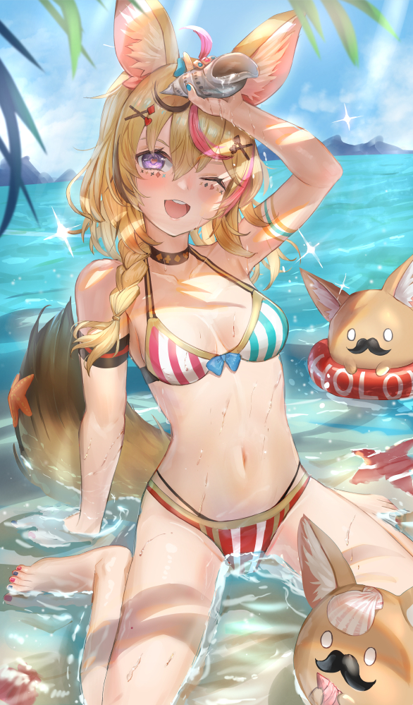 1girls 2d 2d_(artwork) animal_ears animal_tail atai_(artist) bare_arms bare_legs bare_midriff bare_shoulders bare_thighs barefoot bikini bikini_bottom bikini_top blonde_hair blue_nails braid choker cleavage female female_focus female_only fingernails fit_female fluffy_ears hair_between_eyes hair_ornament hair_ribbon heart-shaped_pupils hololive hololive_gen_5 hololive_japan looking_at_viewer medium_breasts nail_polish ocean omaru_polka purple_eyes red_nails sea solo solo_female solo_focus swimsuit swimwear tail toenail_polish toenails toned_female virtual_youtuber water water_drop wet wet_skin wink