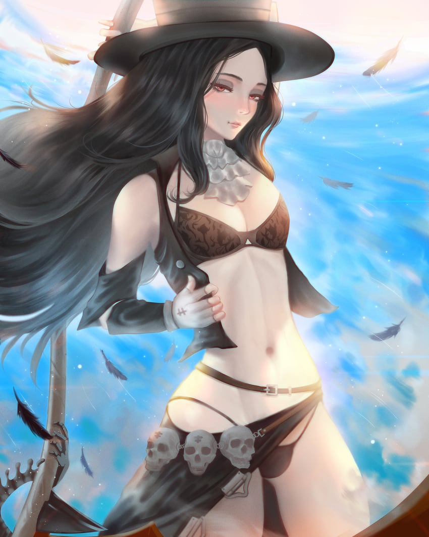 ambiguous gender, androgynous, beach, bikini, black hair, guilty gear, guilty gear strive, guilty gear xx, ocean, red hair, scythe, testament (guilty gear)