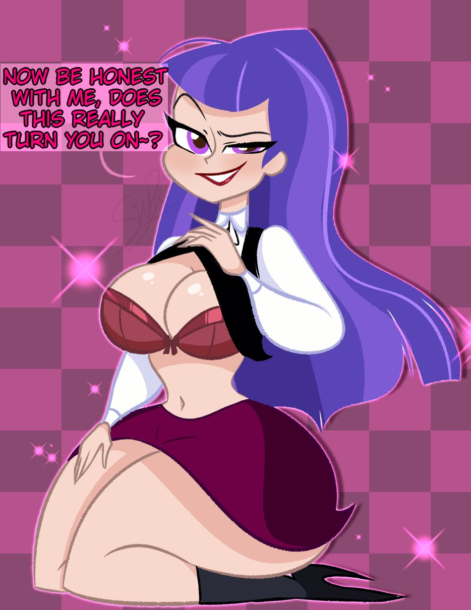 1girls big_breasts blush bra cleavage dc dc_comics dc_super_hero_girls dialogue female female_only lifting_shirt light-skinned_female looking_at_viewer navel pixelzsinful purple_eyes purple_hair seductive_look smug solo speech_bubble thick_thighs wide_hips zatanna zee_zatara