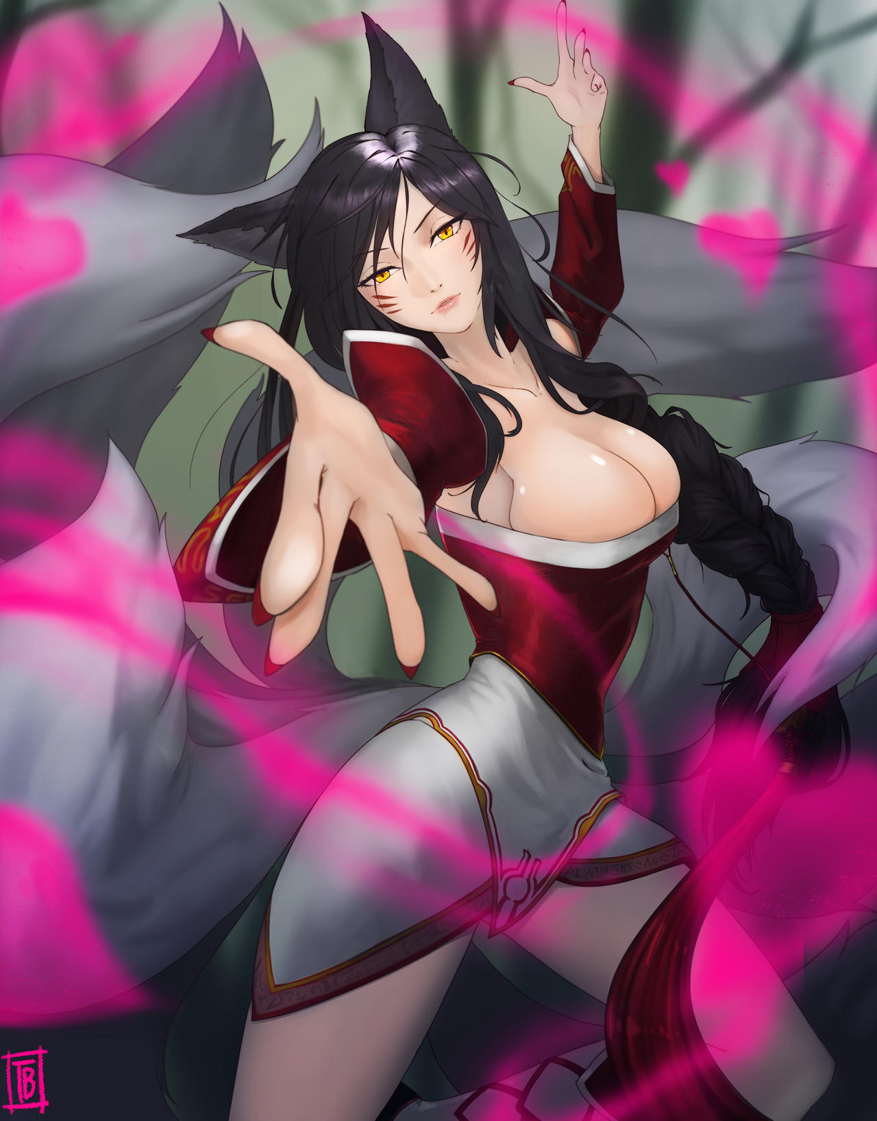 9_tails ahri animal_ear_fluff animal_ears animal_girl animal_humanoid big_breasts black_hair braid braided_hair breasts busty charm charmed child_bearing_hips cleavage clothing curves curvy curvy_body curvy_female curvy_figure curvy_hips default_ahri elegant eyelashes eyeliner eyeshadow facial_markings female female_only fluffy fluffy_ears fluffy_tail fluffy_tails forest fox fox_ears fox_girl fox_humanoid fox_tail fox_tails fur furry_ears furry_tail glistening glistening_body glistening_breasts glistening_hair glistening_skin heart hips hourglass_figure humanoid inner_ear_fluff kemonomimi kitsune league_of_legends light-skinned_female light_skin long_hair looking_at_viewer magic multi_tail multiple_tails nature nine_tailed_fox pale-skinned_female pheromones riot_games solo_female ta-bam tail thighs vastaya video_games wide_hips yellow_eyes