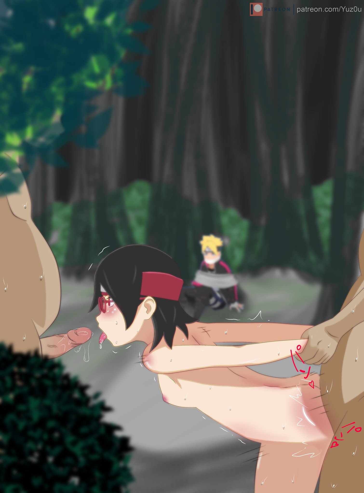 1girls, 3boys, after fellatio, against tree, ambiguous penetration, arm grab, arms held back, being watched, bending over, bent over, black hair, blue eyes, boruto: naruto next generations, breasts, bush, bushes, clapping cheeks, clothed male, completely nude, convenient censoring, cuckold, doggy style, eyewear on head, faceless, faceless male, female, female penetrated, forced, forced sex, forced to watch, forest, fully clothed, gag, glasses, head out of frame, identity censor, immobile, kneeling, larger male, light skin, light-skinned female, light-skinned male, male, male penetrating, male penetrating female, male with female, male/male/female, megane, mmf, mmf threesome, mouth gag, naruto, naruto (series), nature, nude, nude female, nude male, nudist, obese, obese male, open mouth, out of frame, outdoors, overweight, overweight male, petite, prison guard position, rape, red eyes, red-framed glasses, rough, rough sex, saliva, saliva string, saliva trail, sarada uchiha, sex, sharingan, sideboob, sitting, size difference, smaller female, spitroast, sweat, sweatdrop, threesome, tied up, tongue, tongue out, tree, trees, trembling, uzumaki boruto, voluptuous, watching, yellow hair, yuz0u