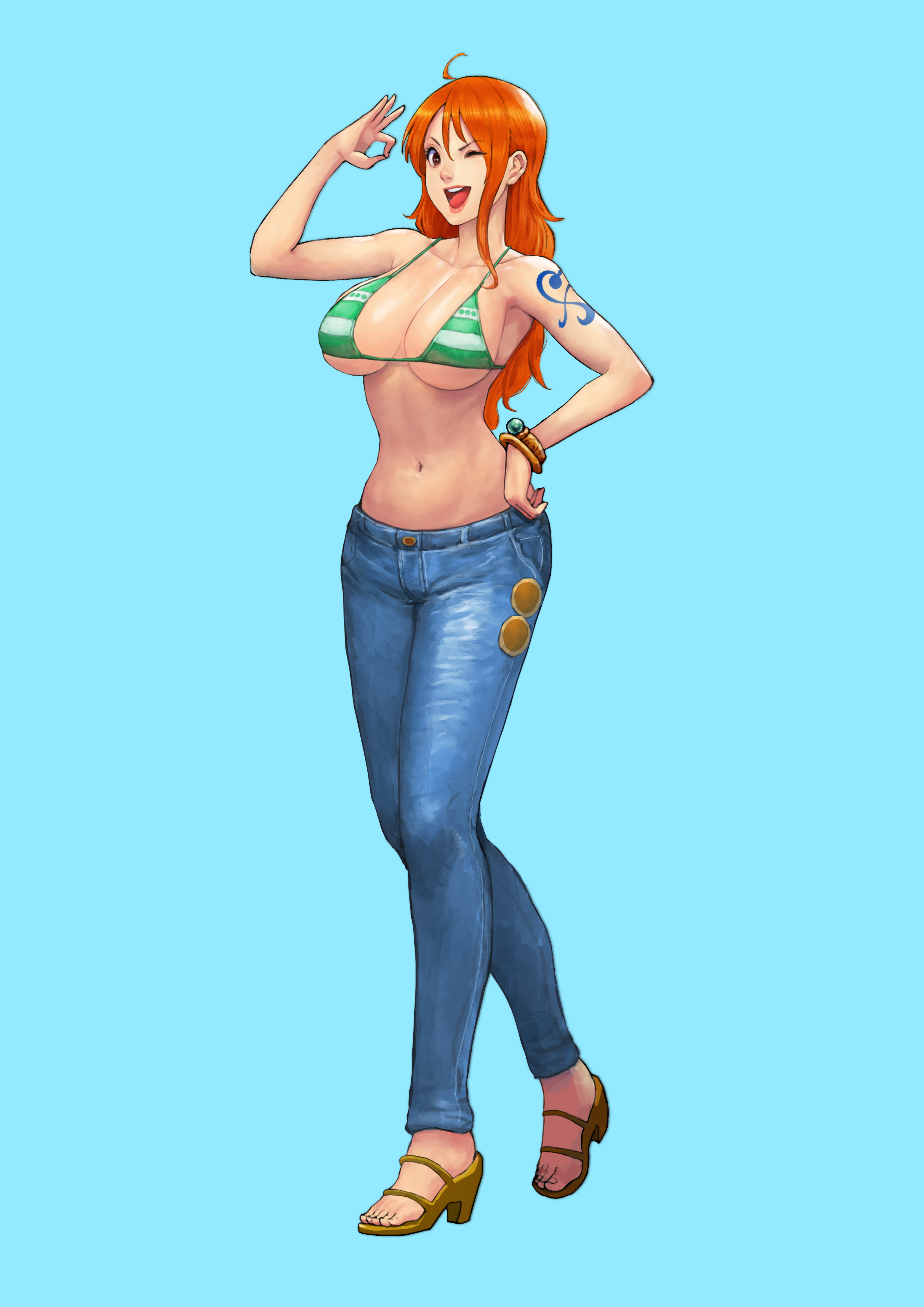 1girls, 2d, arm tattoo, big breasts, bikini, bikini top, blue tattoo, breasts, cirenk, cleavage, clothed, female, female only, full body, jeans, large breasts, long hair, nami (one piece), navel, ok sign, one eye closed, one piece, open mouth, orange hair, orange-haired female, red hair, smile, solo, striped bikini, tattoo, tattoo on arm, tattooed arm, tight pants, wink
