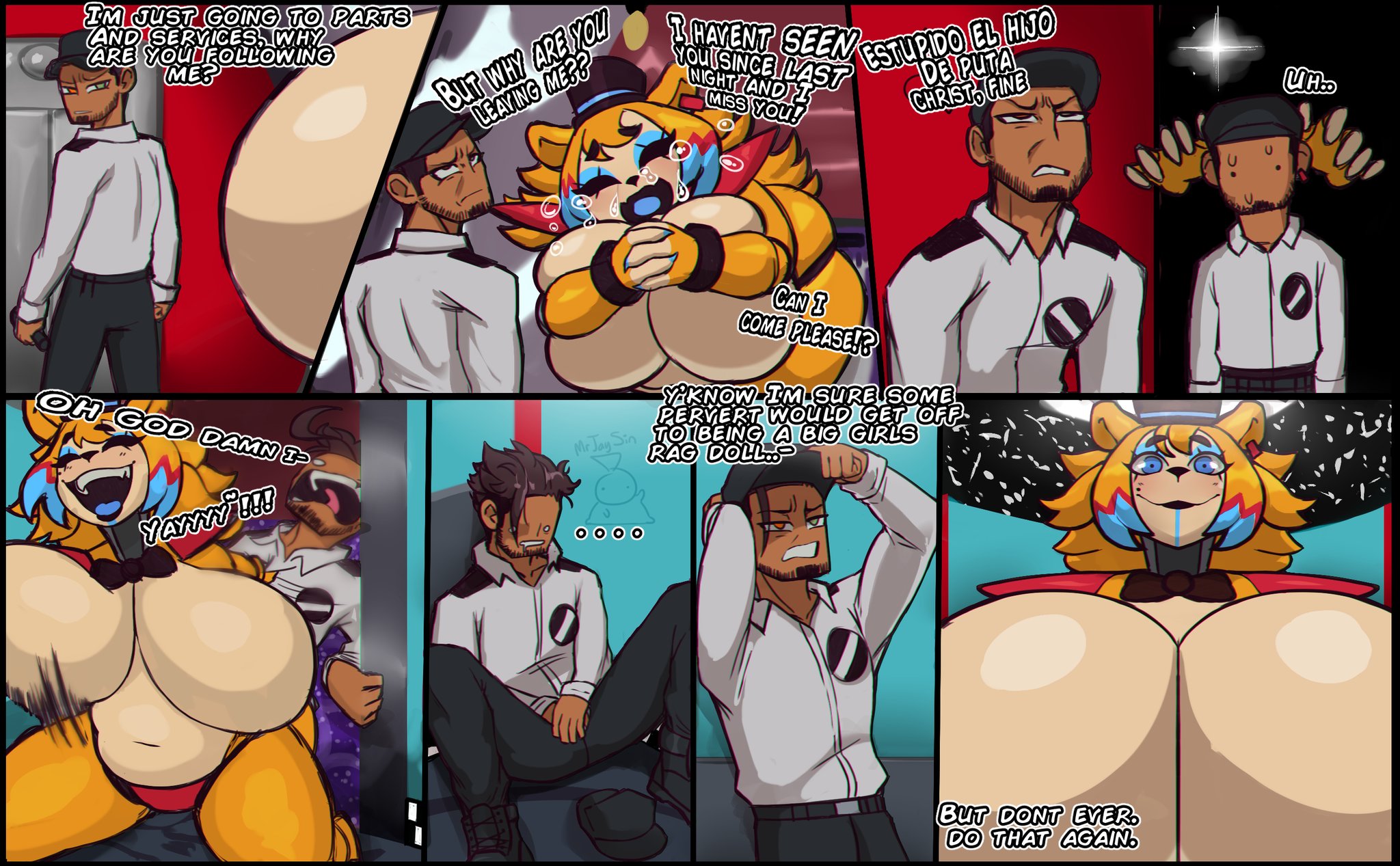 1boy, 1girls, big breasts, breasts, comic, comic page, female, five nights at freddy's, glamrock freddy (fnaf), huge breasts, jjsinchan, male, reverse rape, rule 63, straight, tagme, venus body
