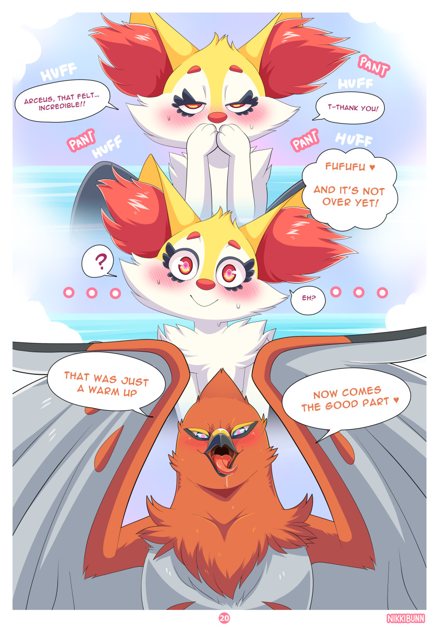 anthro ari_the_talonflame avian bath bathing bird blush bodily_fluids braixen canid canine duo ear_tuft ellie_the_braixen feral fox girly hi_res imminent_sex male male/male mammal nikkibunn nintendo pokémon_(species) pokemon pokemon_(species) post_nut_clarity sex spread_legs spread_wings spreading sweat talonflame tuft video_games wings