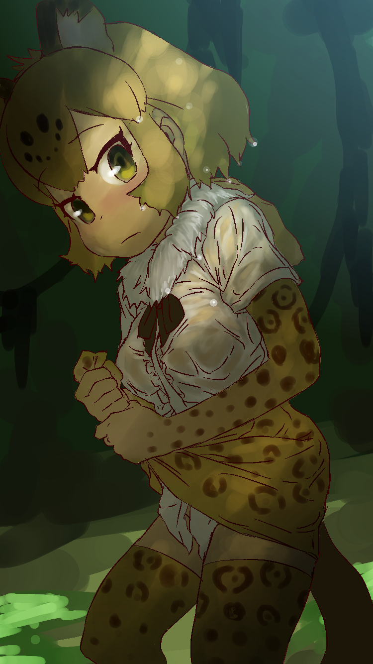 animal_ears animal_print drying elbow_gloves female female female_only gloves high_resolution jaguar_(kemono_friends) jaguar_ears jaguar_print jaguar_tail kemono_friends looking_at_viewer looking_to_the_side masuyama_ryou solo tail upskirt wet wet_clothes wet_shirt