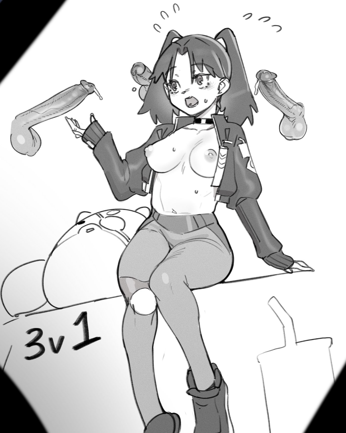 breasts, breasts out, female, female focus, floating penis, fortnite, imminent foursome, imminent sex, male, minkye, multiple penises, penis, shirtless, surprised, unseen male face, zoe clash (fortnite)
