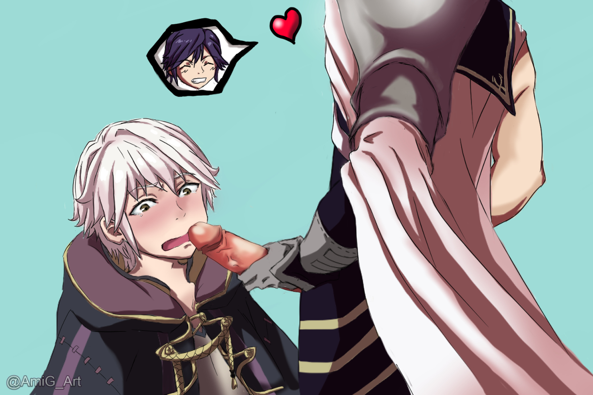 2boys, amig, blue hair, blush, chrom (fire emblem), fire emblem, fire emblem awakening, gay, head out of frame, heart, imminent fellatio, imminent oral, male, male only, open mouth, penis, robin (fire emblem), robin (fire emblem) (male), short hair, white hair, yaoi