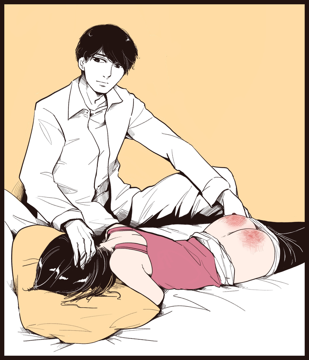 1boy 1girls black_hair black_hair_female black_hair_male face_in_pillow fireball_666 orange_background orange_pillow punishment spanking spanking_ass spanking_marks