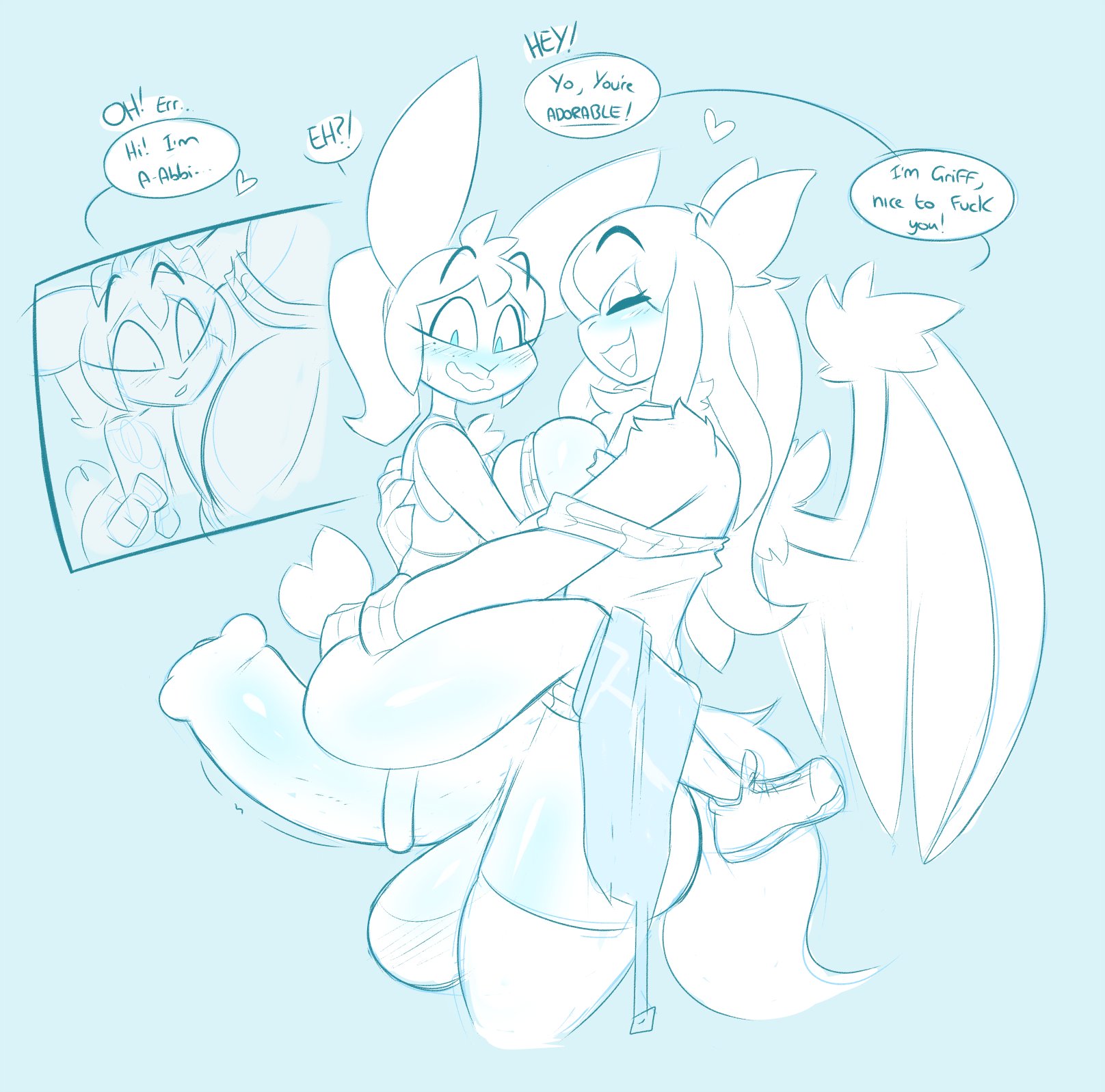 1futa, 1girls, abbi (kilinah), animal genitalia, anthro, balls, big balls, big penis, blue theme, blush, bottomless, breasts, clothed, clothing, dialogue, duo, equine penis, erection, female, furry, futa on female, futanari, griff (synthmalware), horsecock, huge balls, huge cock, imminent sex, intersex, kilinah, monochrome, original, original character, original characters, partially clothed, penis, rabbit ears, rabbit tail, side view, sitting on penis, sketch, standing, text, thick thighs, wide hips, wings