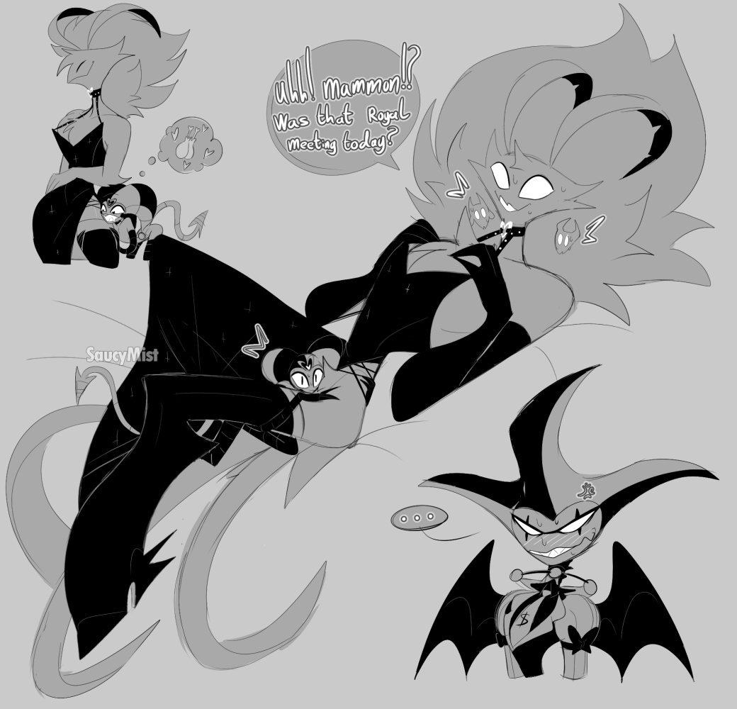 asmodeus (helluva boss), between thighs, blush, choker, corset, demon, dress, fizzarolli (helluva boss), gay, helluva boss, imp, lingerie, male, male only, male/male, mammon (helluva boss), saucymist, size difference, squeezing, surprised, text, thighhighs, thighs, yaoi