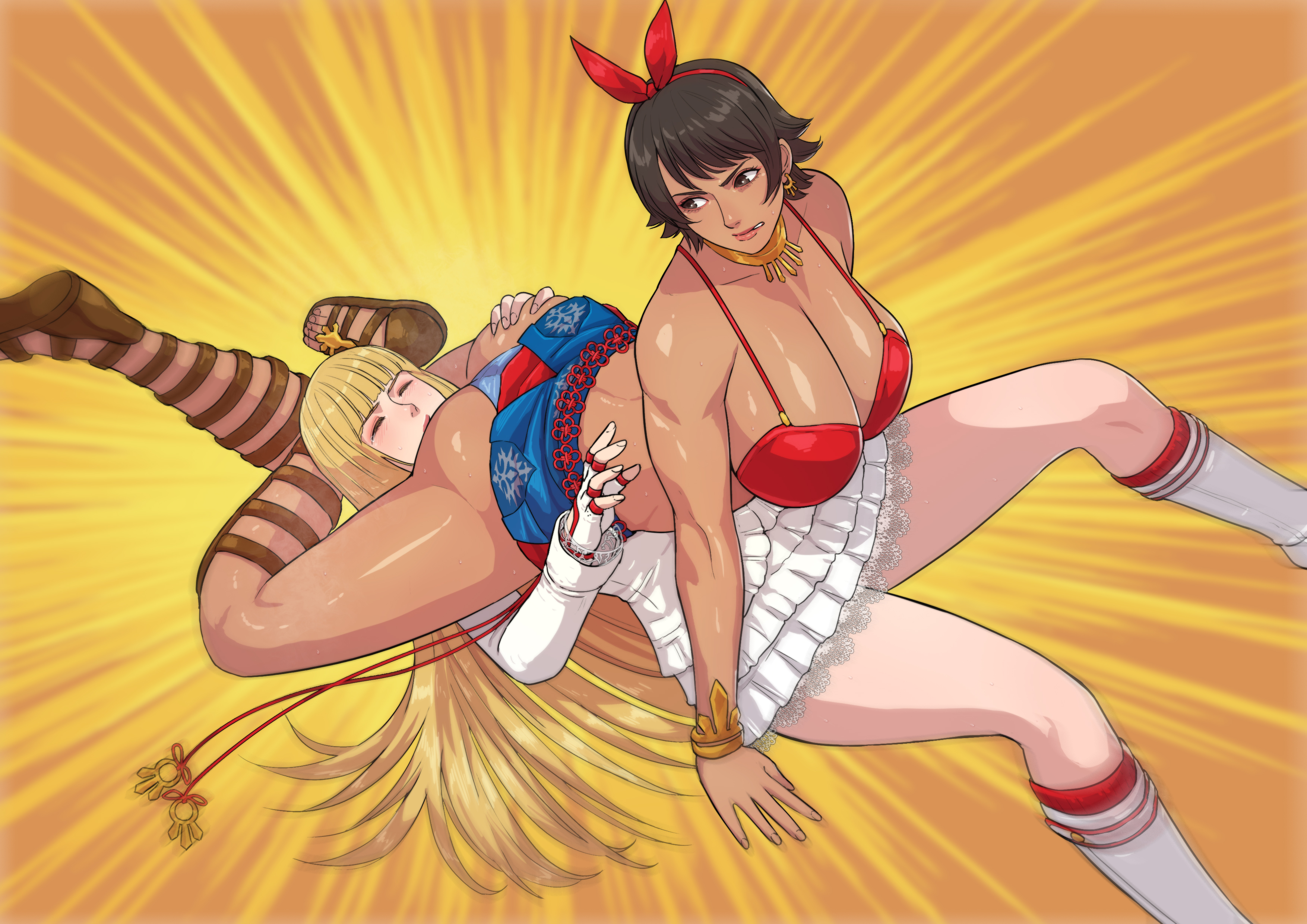 2d, 2girls, 69, ass, big ass, big breasts, blonde hair, breasts, catfight, cirenk, cleavage, dark skin, dark-skinned female, emilie de rochefort, female, female only, filipina, filipino female, interracial, interracial yuri, josie rizal, light skin, light-skinned female, multiple females, multiple girls, namco, panties, tekken, tekken 7, yuri