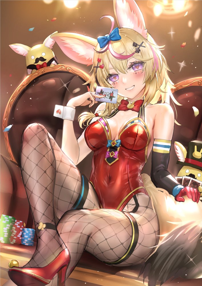 1girls 2d 2d_(artwork) animal_ears animal_tail atai_(artist) bare_shoulders belly_button belly_button_visible_through_clothing blonde_hair bodysuit casino chair cleavage female female_focus female_only fennec_ears fishnets fluffy_ears glove gloves hair_ornament hair_ribbon heart-shaped_pupils high_heels hololive hololive_gen_5 hololive_japan leg_strap long_sleeve_gloves long_sleeves looking_at_viewer medium_breasts omaru_polka poker_chip purple_eyes red_shoes sitting sitting_on_chair smile solo solo_female solo_focus thick_thighs tight_clothing virtual_youtuber