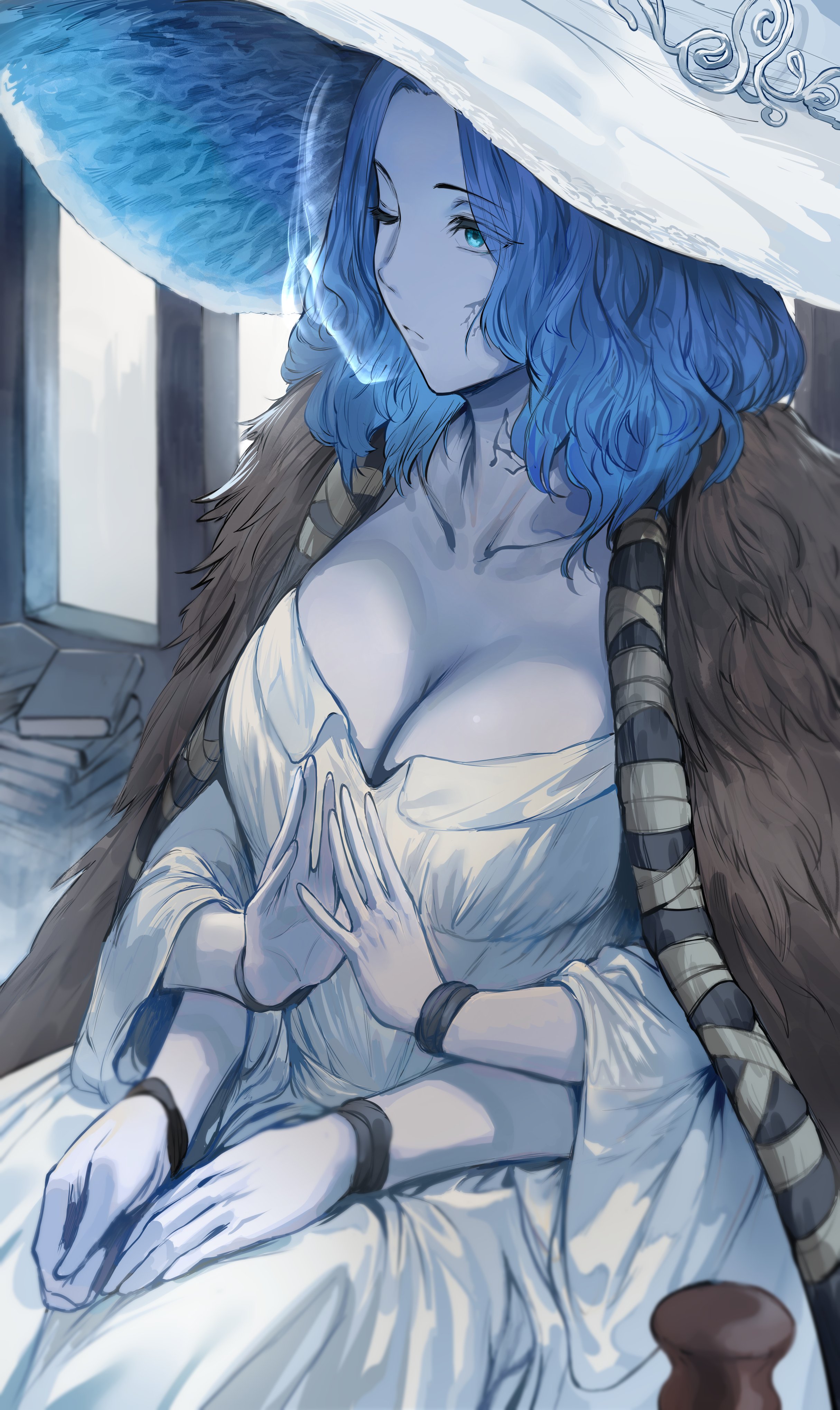 4 arms, absurdres, bangs, blue eyes, blue hair, breasts, cleavage, collarbone, elden ring, female, fromsoftware, hews hack, highres, large breasts, long hair, multi arm, multi limb, ranni the witch, solo