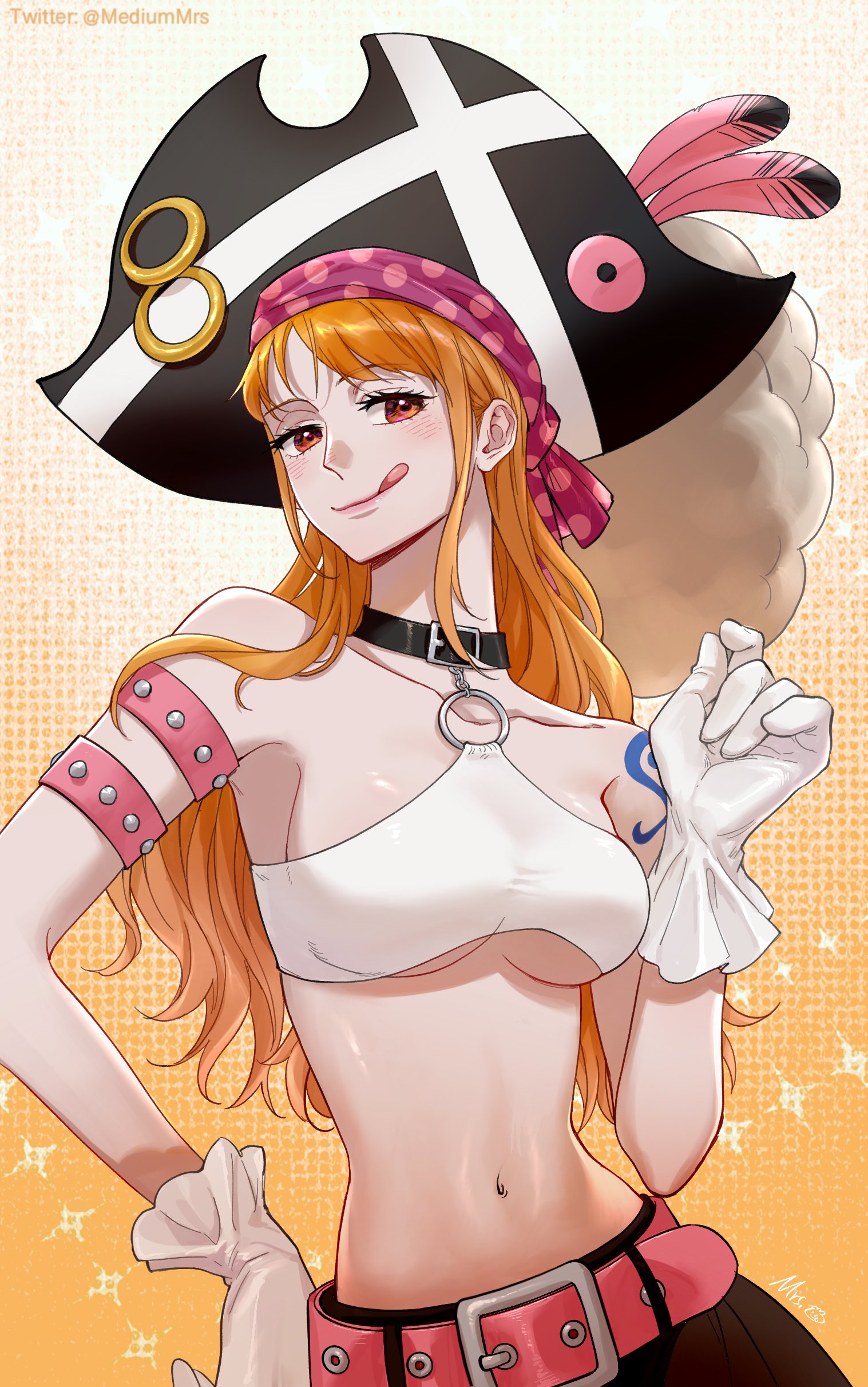1girls, arm tattoo, bandana, belly button, blue tattoo, blush, boobs, breast grab, breasts, collar, crop top, fanart, female, female only, gloves, hand on hip, hat, hourglass figure, looking at viewer, mediummrs, nami (one piece), one piece, one piece film red, orange eyes, orange hair, orange theme, orange-haired female, pirate, pirate hat, post-timeskip, seductive, sideboob, solo, solo female, tattoo, thin waist, tits, tongue, tongue out, underboob