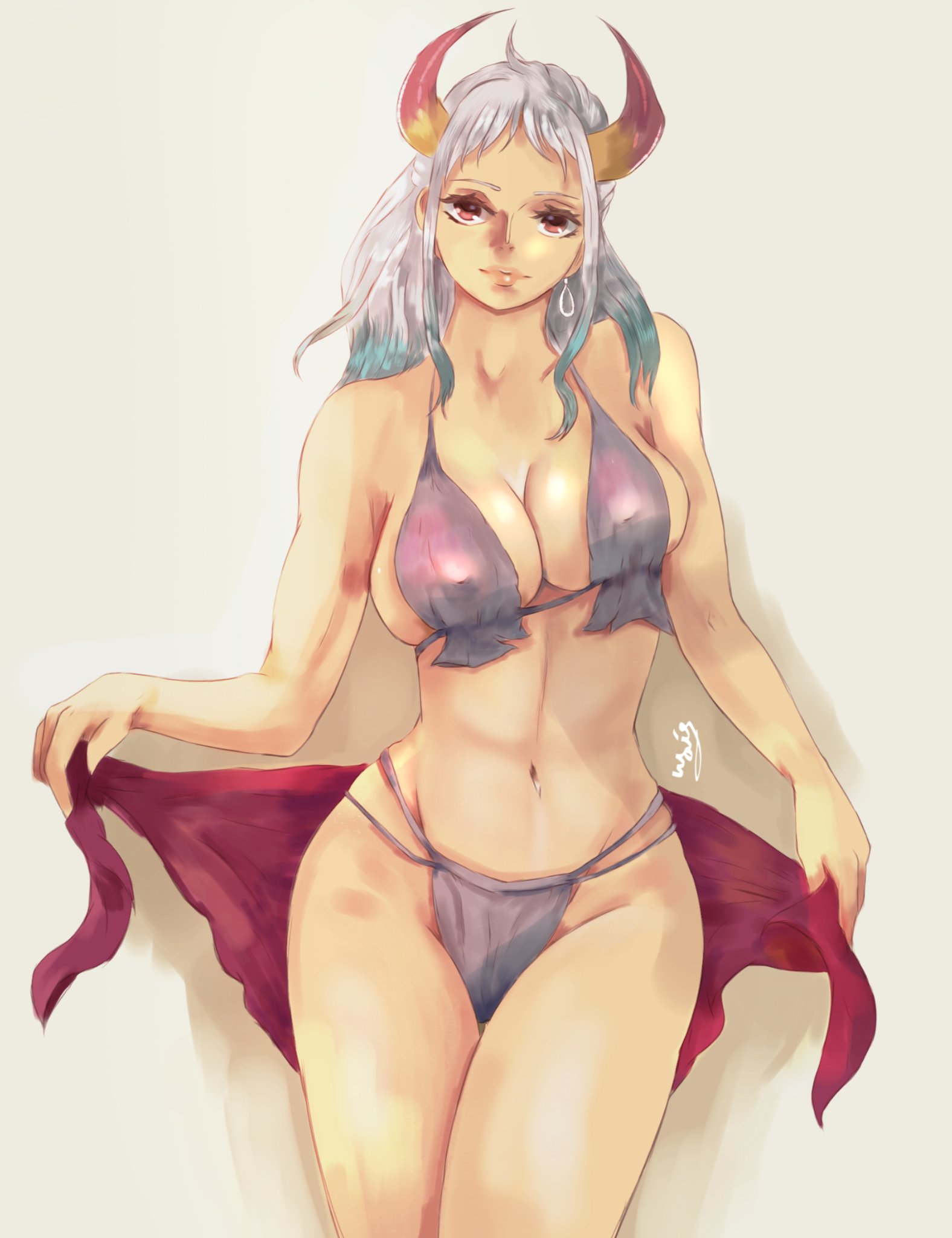 1girls, big breasts, bikini, blue hair, breasts, brown eyes, busty, cleavage, clothed, clothing, curvy, ear piercing, earrings, female, female focus, female only, gradient hair, hi res, highres, hoop earrings, horned humanoid, horns, humanoid, light skin, light-skinned female, long hair, looking at viewer, multicolored hair, one piece, oni, oni horns, partially clothed, pose, qaismelon, red clothing, revealing clothes, shounen jump, simple background, slim waist, solo, standing, thick thighs, toned, two-tone hair, white hair, white-haired female, wide hips, yamato (one piece)